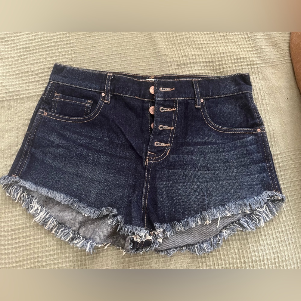 Bullhead Dark Blue Frayed Denim Shorts